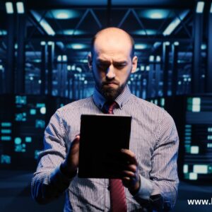A person operating a tablet, data room background, cloud network security, cloud security mistakes