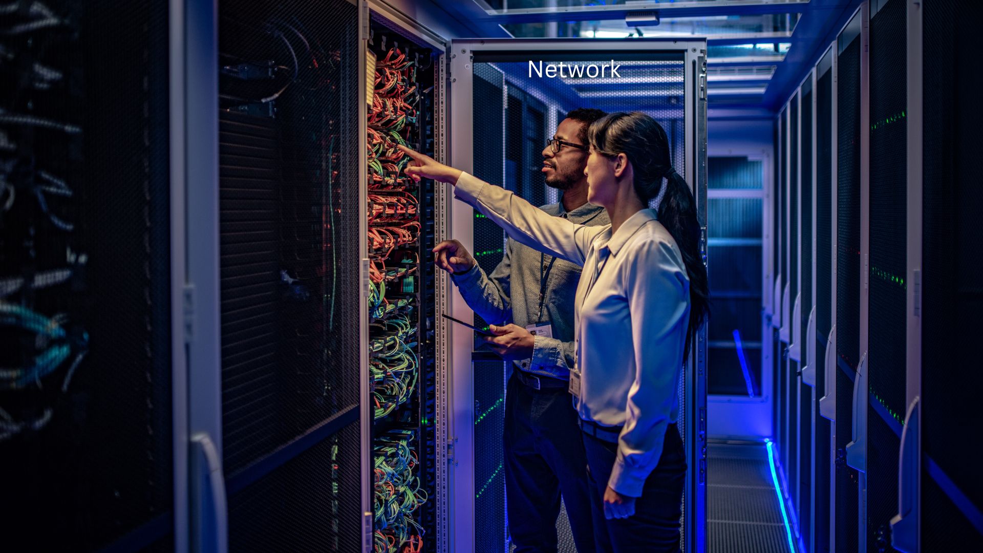 Two people inspecting server, network scanning operations security
