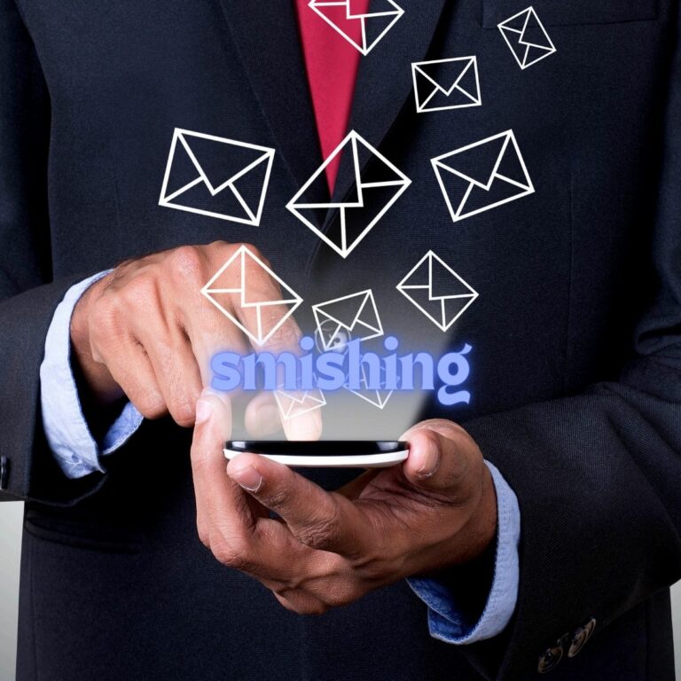 A person in suit using a smartphone, SMS icons, Smishing, What is smishing in cyber security